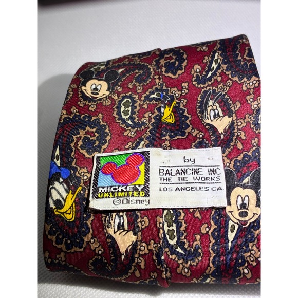 Disney Mickey Unlimited Paisley Tie Mens Red Mickey Mouse Donald Goofy USA Made - Picture 4 of 7